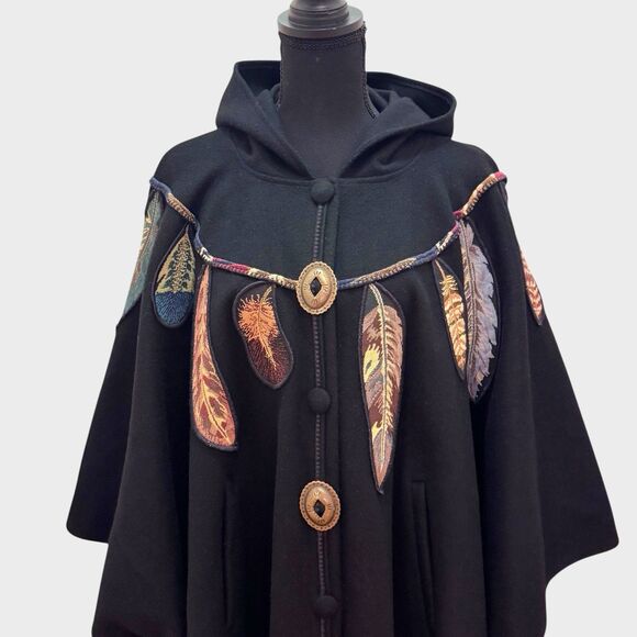 Coloratura Southwest Hooded Black Wool Cloak Cape Coat w/ Feathers and Conchos - Picture 2 of 14